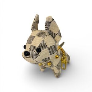Upcycled Luxury LV Stylish Checkered Dog keychain with Gold Accents